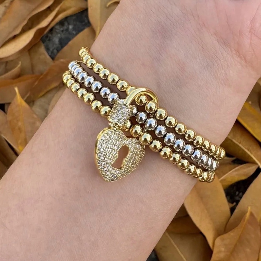 Gold & Silver Heart Lock Beaded Bracelet - Women Jewelry